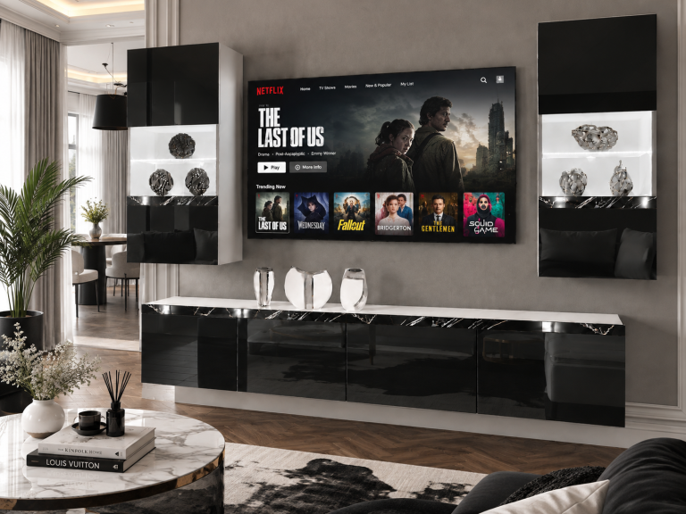 Mobilă sufragerie Prestige 200 cm pentru TV/RTV, negru lucios, Producător: IMP P Keanu 7/5/W/B/0/0/CS