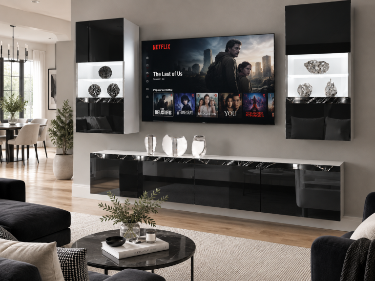 Mobilă sufragerie Prestige 200 cm pentru TV/RTV, negru lucios, Producător: IMP P Keanu 7/5/W/B/0/0/CS