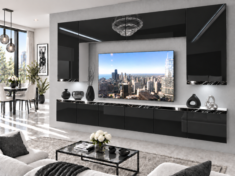 Mobilă de sufragerie Prestige 300 cm TV/RTV negru lucios Producător IMP P Monroe 2/5/W/B/0/0/CS