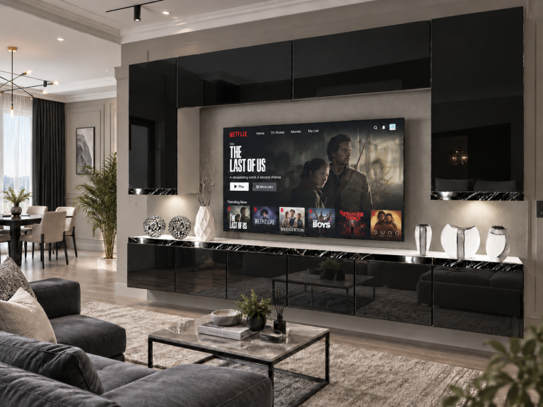 Mobilă de sufragerie Prestige 300 cm TV/RTV negru lucios Producător IMP P Monroe 2/5/W/B/0/0/CS
