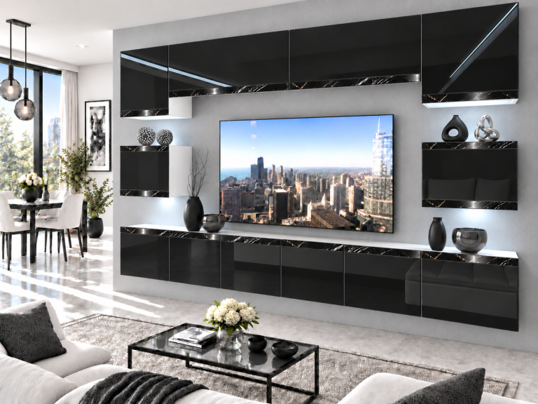 Mobilă de sufragerie  Prestige 300 cm TV/RTV negru lucios Producător IMP P Tarantino 3/5/W/B/0/0/CS