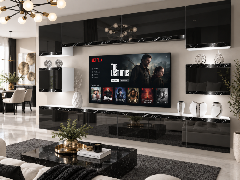 Mobilă de sufragerie  Prestige 300 cm TV/RTV negru lucios Producător IMP P Tarantino 3/5/W/B/0/0/CS