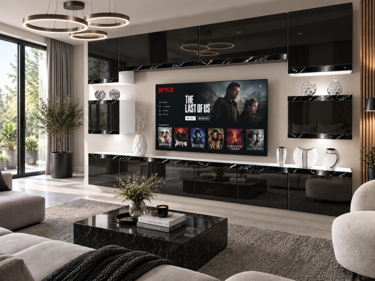 Mobilă de sufragerie  Prestige 300 cm TV/RTV negru lucios Producător IMP P Tarantino 3/5/W/B/0/0/CS