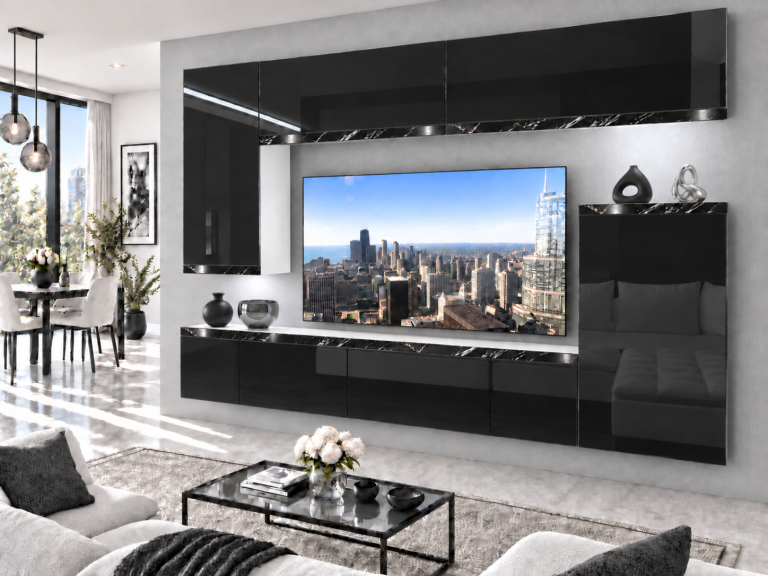 Mobilă sufragerie Prestige 250 cm pentru TV/RTV, negru lucios, Producător: IMP P Woody 8/5/W/B/0/0/CS