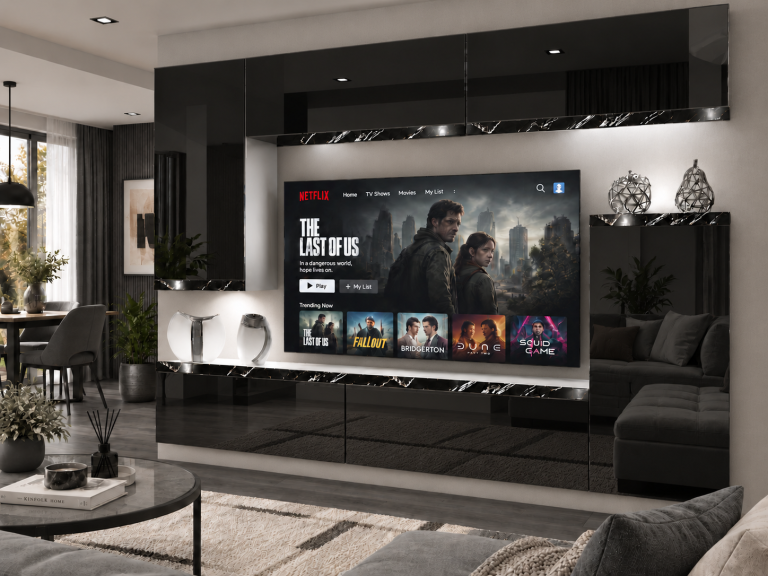 Mobilă sufragerie Prestige 250 cm pentru TV/RTV, negru lucios, Producător: IMP P Woody 8/5/W/B/0/0/CS