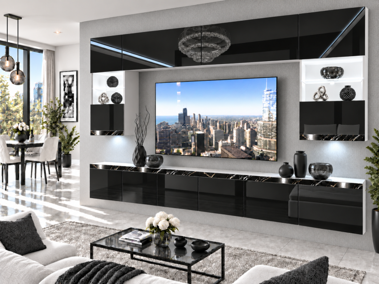 Mobilă de sufragerie Prestige 300 cm TV/RTV negru lucios Producător IMP P1 Nolan 1/5/W/B/0/0/CS