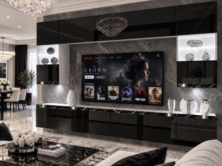 Mobilă de sufragerie Prestige 300 cm TV/RTV negru lucios Producător IMP P1 Nolan 1/5/W/B/0/0/CS