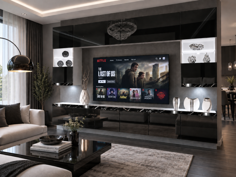 Mobilă de sufragerie Prestige 300 cm TV/RTV negru lucios Producător IMP P1 Nolan 1/5/W/B/0/0/CS