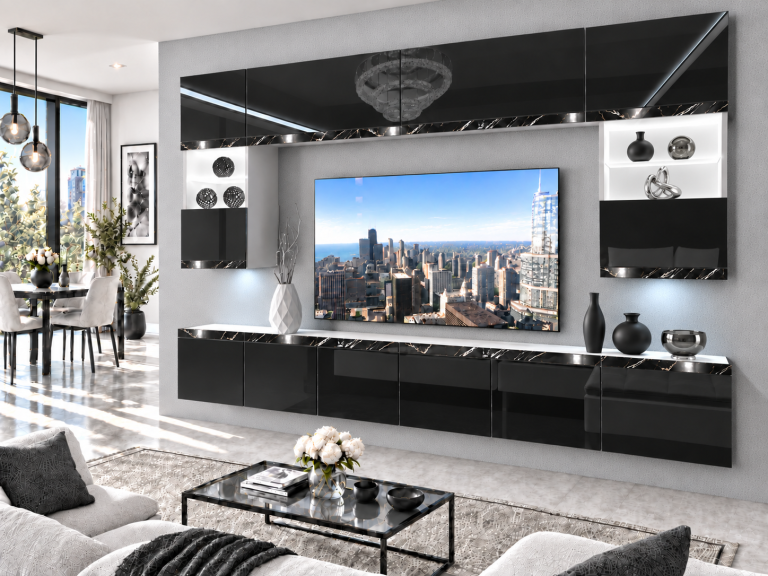 Mobilă de sufragerie  Prestige 300 cm TV/RTV negru lucios Producător IMP P2 Nolan 1/5/W/B/0/0/CS