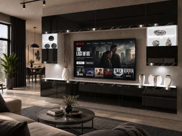 Mobilă de sufragerie  Prestige 300 cm TV/RTV negru lucios Producător IMP P2 Nolan 1/5/W/B/0/0/CS