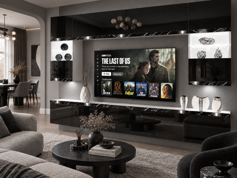 Mobilă de sufragerie  Prestige 300 cm TV/RTV negru lucios Producător IMP P2 Nolan 1/5/W/B/0/0/CS