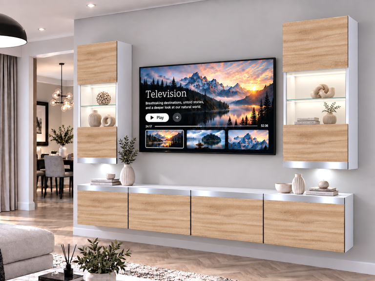 Mobilă sufragerie Prestige 200 cm pentru TV/RTV, aspect coloristic stejar Wotan, stejar Sonoma, Producător: IMP P Keanu 7/5/W/DS/0/0/SL
