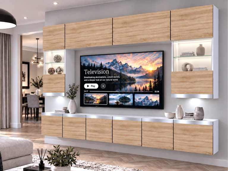 Mobilă de sufragerie Prestige 300 cm TV/RTV aspect coloristic stejar Wotan stejar Sonoma Producător IMP P1 Nolan 1/5/W/DS/0/0/SL