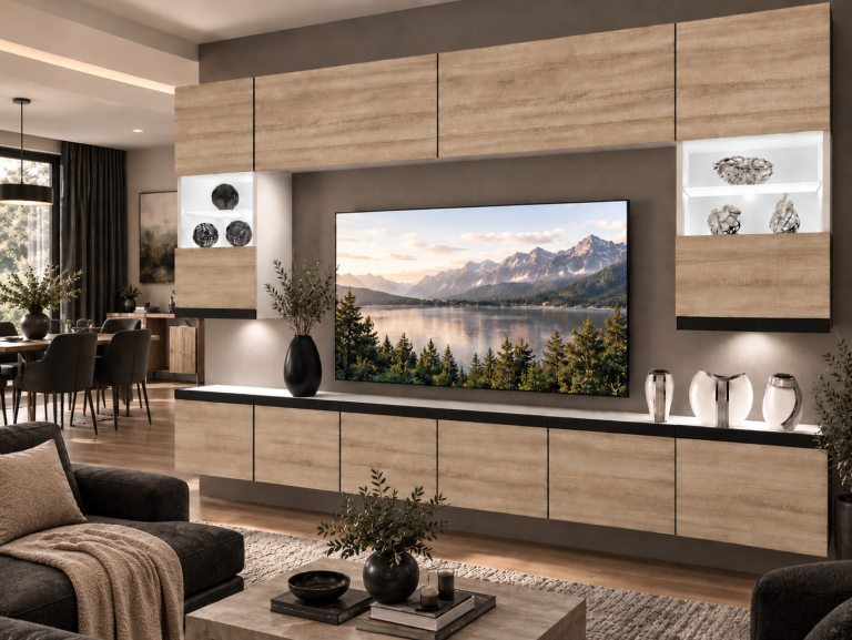 Mobilă de sufragerie  Prestige 300 cm TV/RTV aspect coloristic stejar Wotan stejar Sonoma Producător IMP P1 Nolan 1/5/W/DS/0/0/CM