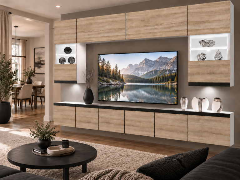 Mobilă de sufragerie  Prestige 300 cm TV/RTV aspect coloristic stejar Wotan stejar Sonoma Producător IMP P1 Nolan 1/5/W/DS/0/0/CM