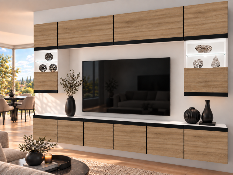 Mobilă de sufragerie  Prestige 300 cm TV/RTV aspect coloristic stejar Wotan stejar Sonoma Producător IMP P2 Nolan 1/5/W/DS/0/0/CM