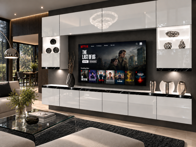 Mobilă de sufragerie Prestige 300 cm TV/RTV alb lucios Producător IMP P1 Nolan 1/5/W/W/0/0/CS