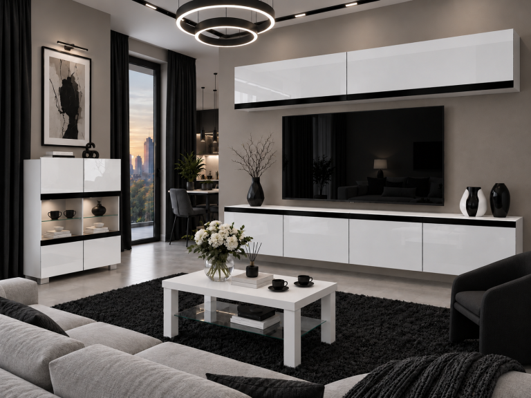 Mobilă de sufragerie Prestige 200 cm TV/RTV alb lucios Producător IMP P Brando 6/5/W/W/0/0/CM