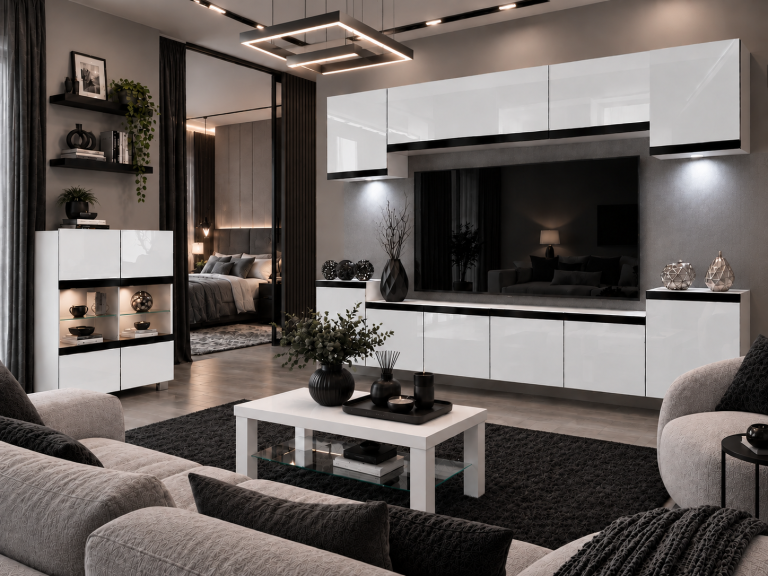 Mobilă de sufragerie Prestige 300 cm TV/RTV alb lucios Producător IMP P Hepburn 4/5/W/W/0/0/CM
