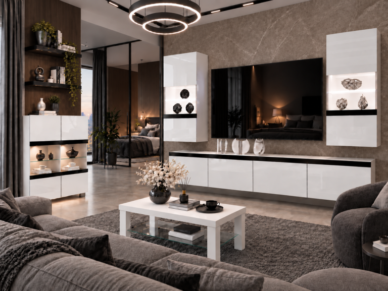 Mobilă sufragerie  Prestige 200 cm pentru TV/RTV, alb lucios, Producător: IMP P Keanu 7/5/W/W/0/0/CM