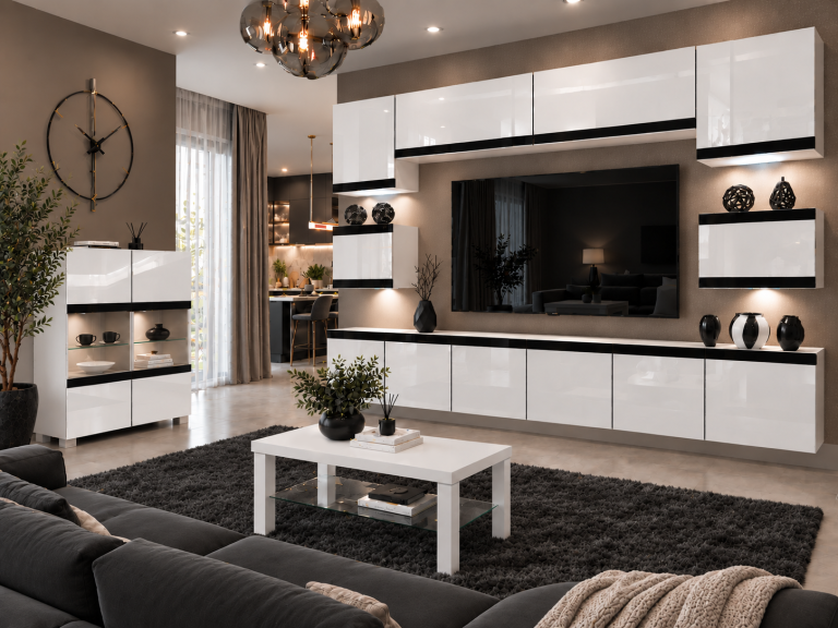 Mobilă de sufragerie Prestige 300 cm TV/RTV alb lucios Producător IMP P Tarantino 3/5/W/W/0/0/CM