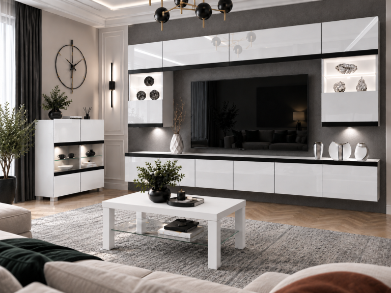 Mobilă de sufragerie Prestige 300 cm TV/RTV alb lucios Producător IMP P2 Nolan 1/5/W/W/0/0/CM