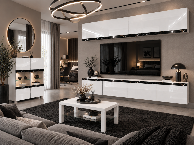 Mobilă de sufragerie Prestige 200 cm TV/RTV alb lucios Producător IMP P Brando 6/5/W/W/0/0/CS