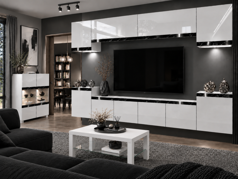 Mobilă de sufragerie Prestige 300 cm TV/RTV alb lucios Producător IMP P Hepburn 4/5/W/W/0/0/CS