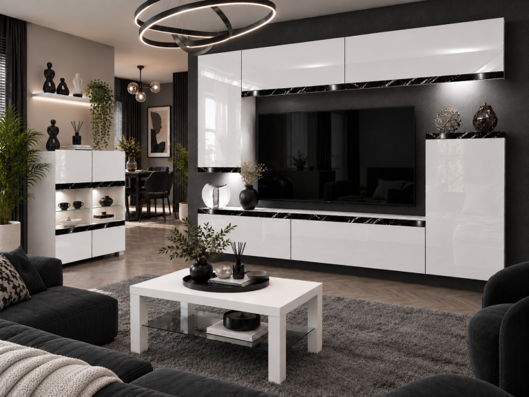 Mobilă sufragerie Prestige 250 cm pentru TV/RTV, alb lucios, Producător: IMP P Woody 8/5/W/W/0/0/CS