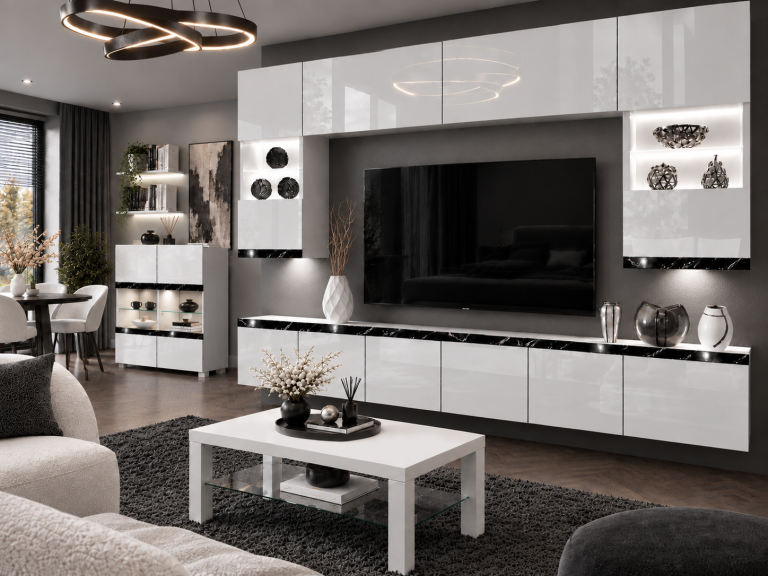 Mobilă de sufragerie Prestige 300 cm TV/RTV alb lucios Producător IMP P1 Nolan 1/5/W/W/0/0/CS