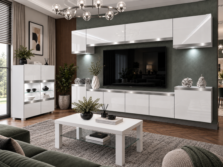 Mobilă de sufragerie  Prestige 300 cm TV/RTV alb lucios Producător IMP P Hepburn 4/5/W/W/0/0/SL