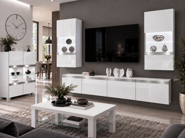 Mobilă sufragerie Prestige 200 cm pentru TV/RTV, gri lucios, Producător: IMP P Keanu 7/5/W/W/0/0/SL