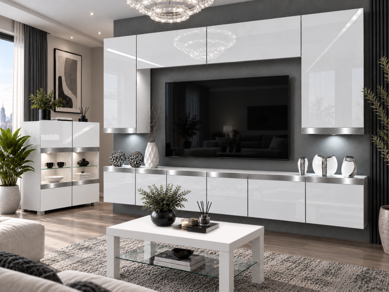Mobilă de sufragerie Prestige 300 cm TV/RTV alb lucios Producător IMP P Monroe 2/5/W/W/0/0/SL
