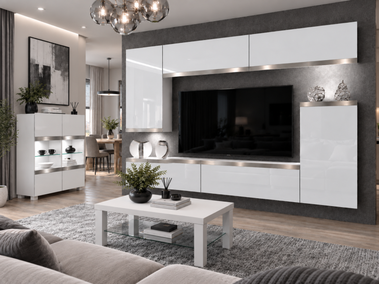Mobilă sufragerie Prestige 250 cm pentru TV/RTV, alb lucios, Producător: IMP P Woody 8/5/W/W/0/0/SL