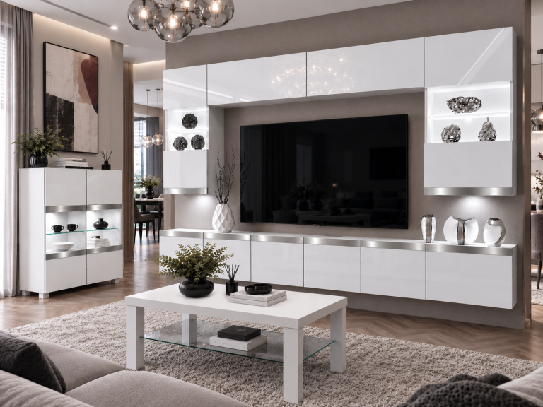 Mobilă de sufragerie Prestige 300 cm TV/RTV alb lucios Producător IMP P1 Nolan 1/5/W/W/0/0/SL