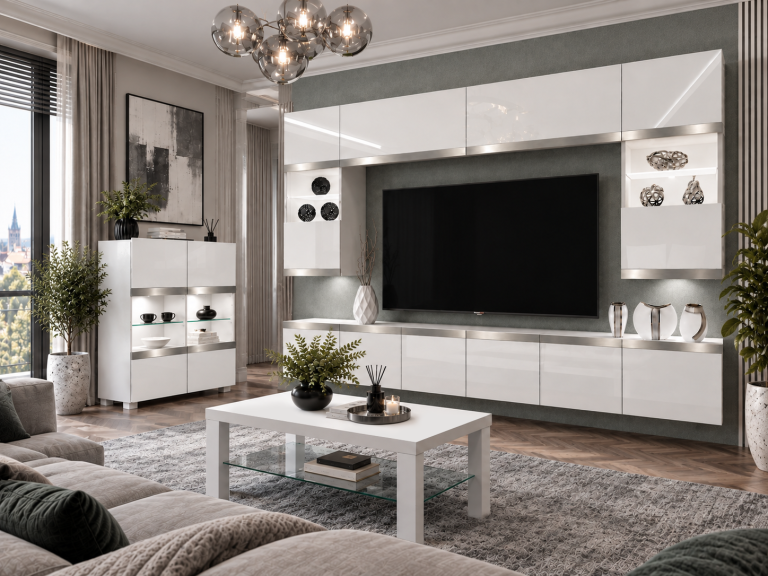 Mobilă de sufragerie Prestige 300 cm TV/RTV alb lucios Producător IMP P2 Nolan 1/5/W/W/0/0/SL