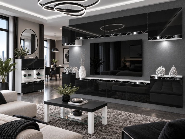 Mobilă de sufragerie Prestige 300 cm TV/RTV  negru lucios Producător IMP P Hepburn 4/5/W/B/0/0/CS