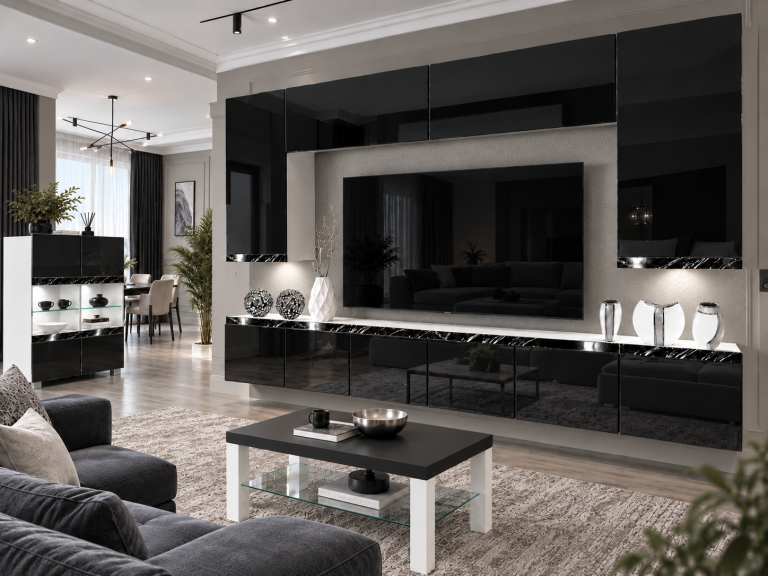 Mobilă de sufragerie Prestige 300 cm TV/RTV negru lucios Producător IMP P Monroe 2/5/W/B/0/0/CS