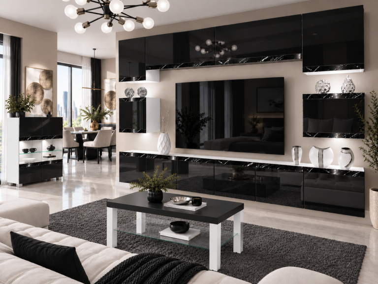 Mobilă de sufragerie  Prestige 300 cm TV/RTV negru lucios Producător IMP P Tarantino 3/5/W/B/0/0/CS
