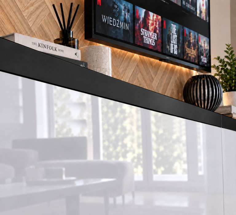 Meblościanka Prestige 300 cm TV/RTV biała połysk Producent IMP P1 Nolan 1/5/W/W/0/0/CM