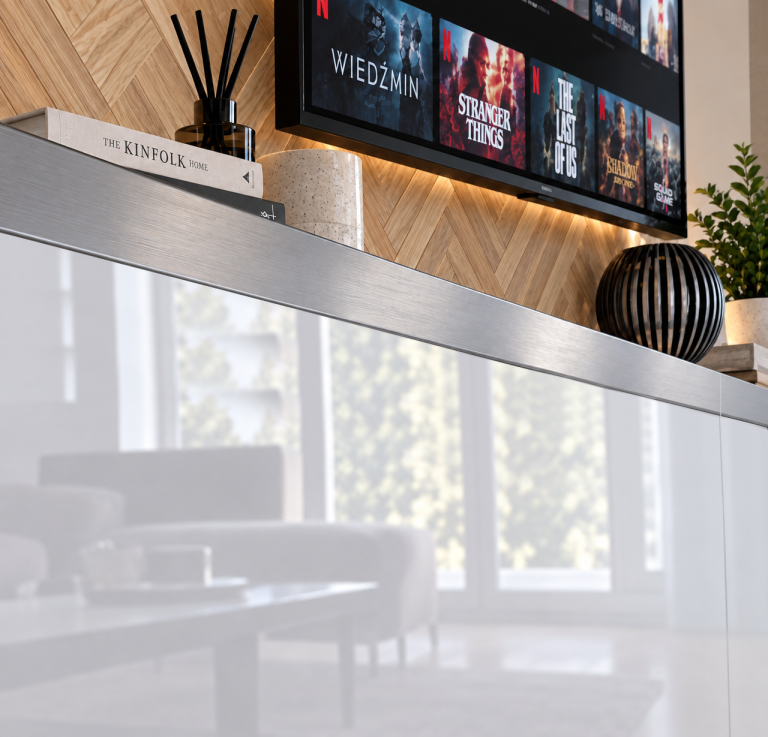 Mobilă de sufragerie Prestige 300 cm TV/RTV gri lucios Producător IMP P Monroe 2/5/W/S/0/0/SL