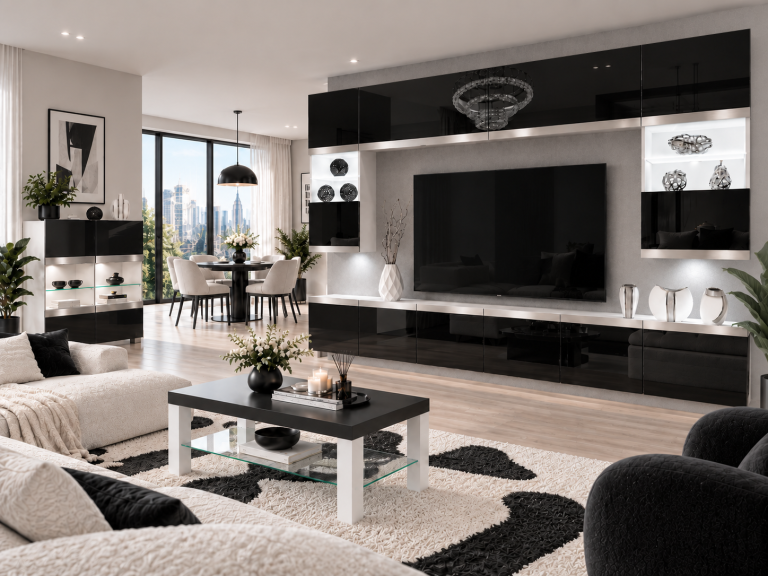 Mobilă de sufragerie Prestige 300 cm TV/RTV negru lucios Producător IMP P2 Nolan 1/5/W/B/0/0/SL