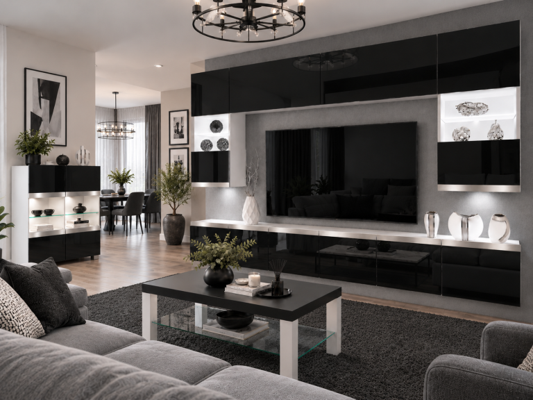 Mobilă de sufragerie Prestige 300 cm TV/RTV negru lucios Producător IMP P1 Nolan 1/5/W/B/0/0/SL