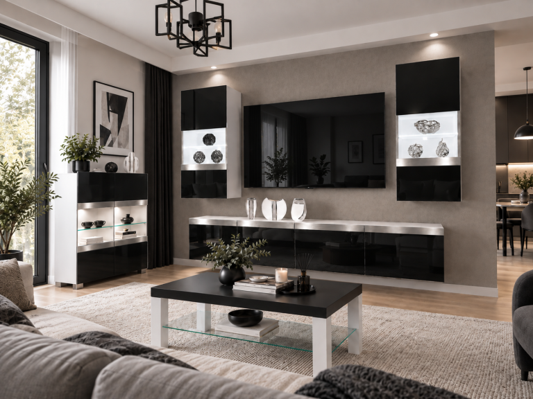 Mobilă sufragerie Prestige 200 cm pentru TV/RTV, negru lucios, Producător: IMP P Keanu 7/5/W/B/0/0/SL