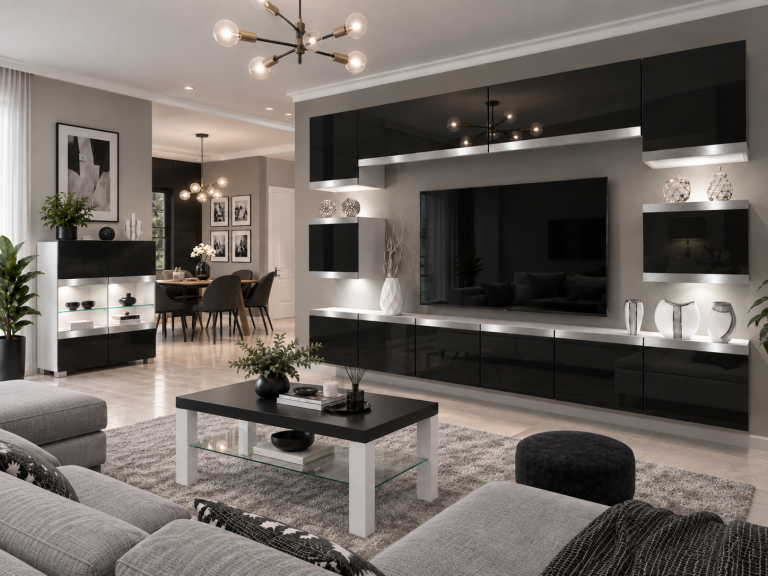 Mobilă de sufragerie  Prestige 300 cm TV/RTV negru lucios Producător IMP P Tarantino 3/5/W/B/0/0/SL