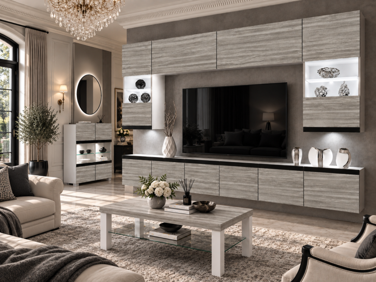 Mobilă  sufragerie Prestige 300 cm TV/RTV gri antracit grafit Producător IMP P1 Nolan 1/5/W/GW1/0/0/CM