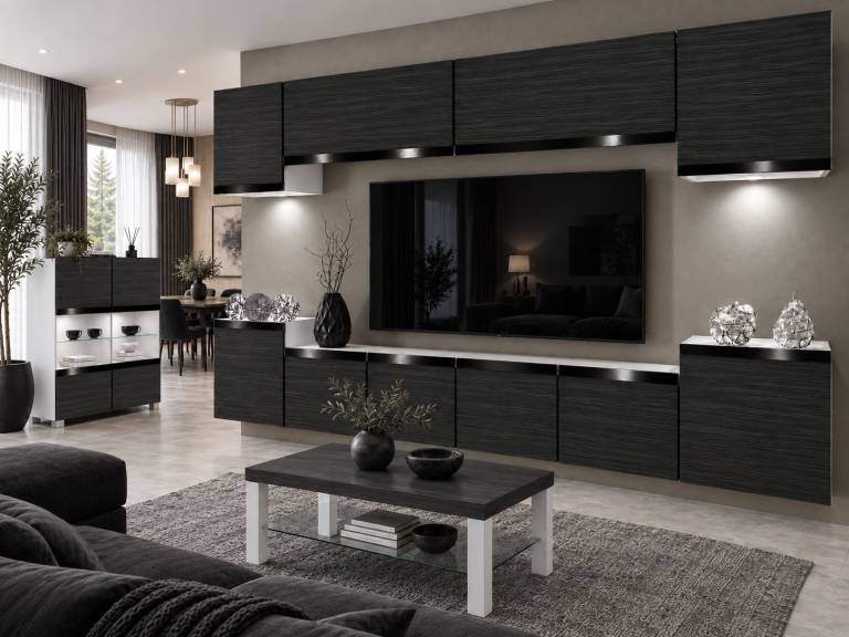 Mobilă de sufragerie Prestige 300 cm TV/RTV negru abanos Producător IMP P Hepburn 4/5/W/HK/0/0/CP