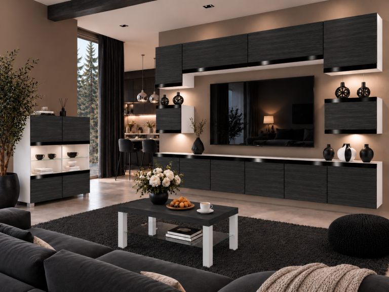 Mobilă de sufragerie Prestige 300 cm TV/RTV negru abanos Producător IMP P Tarantino 3/5/W/HK/0/0/CP