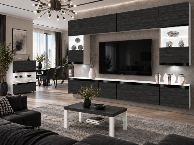 Mobilă de sufragerie  Prestige 300 cm TV/RTV negru abanos Producent IMP P1 Nolan 1/5/W/HK/0/0/CP