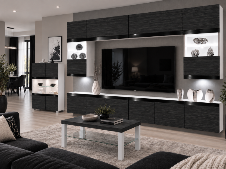 Mobilă de sufragerie  Prestige 300 cm TV/RTV negru abanos Producent IMP P2 Nolan 1/5/W/HK/0/0/CP